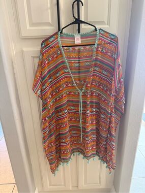 Lucy Multicolor Striped V-Neck Tunic with Turquoise Pom Trim